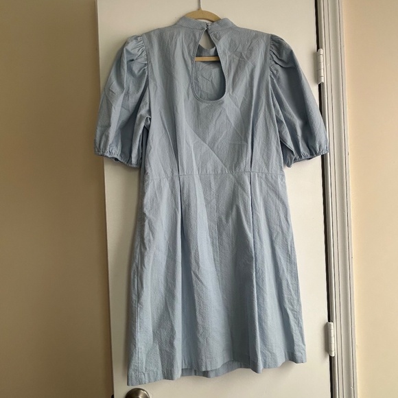 Aware by Vero Mode Blue Mock Neck Puff Sleeve Dress Sz L Keyhole Back Preppy - Picture 5 of 6